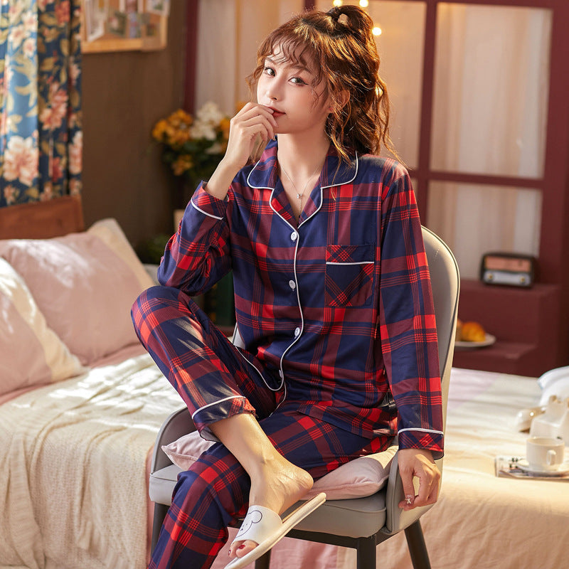 Damen Karo Pyjama Set – Langarm Hemd & Lange Hose Schlafanzug