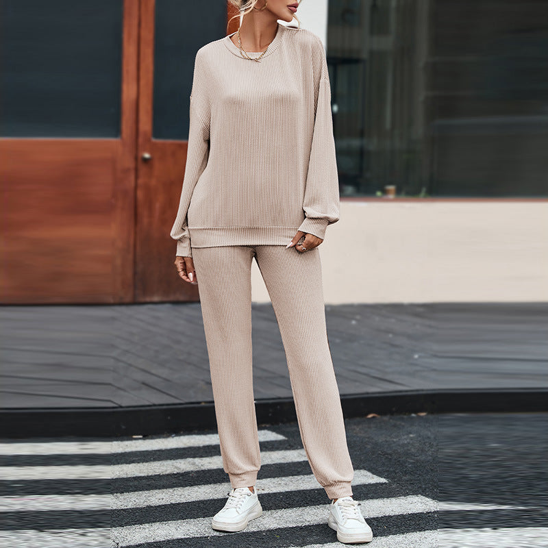 Women's Plain Loungewear Set – Long-Sleeved Top & Trousers Comfort Suit