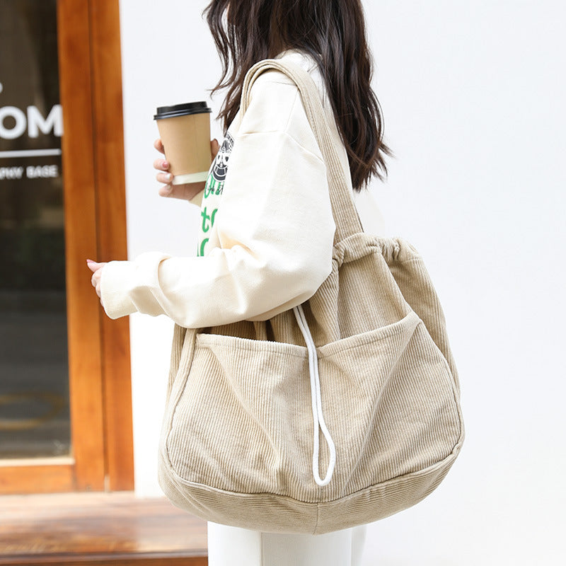 Women's Corduroy Shoulder Bag with Drawstring & Compartments