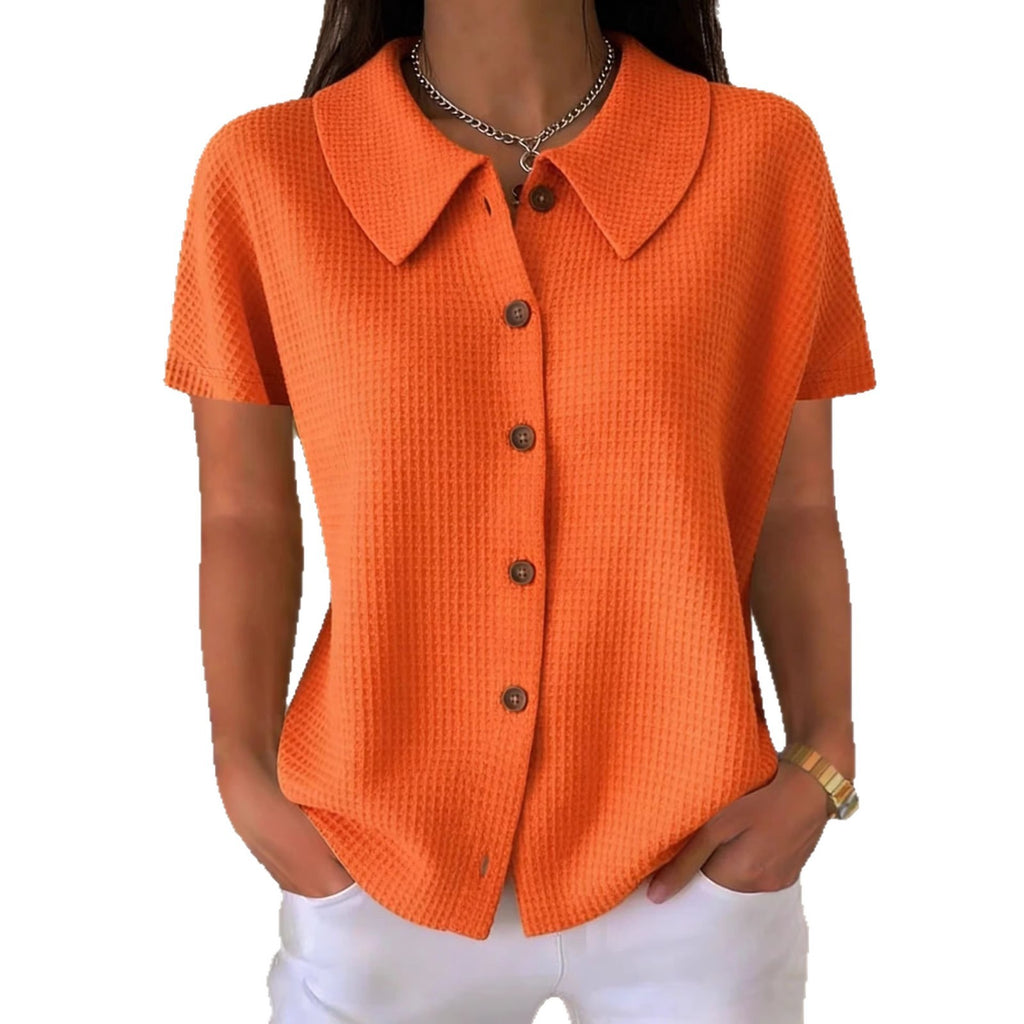 Women's Short-Sleeve Blouse with Collar – Waffle Texture, Loose & Summery