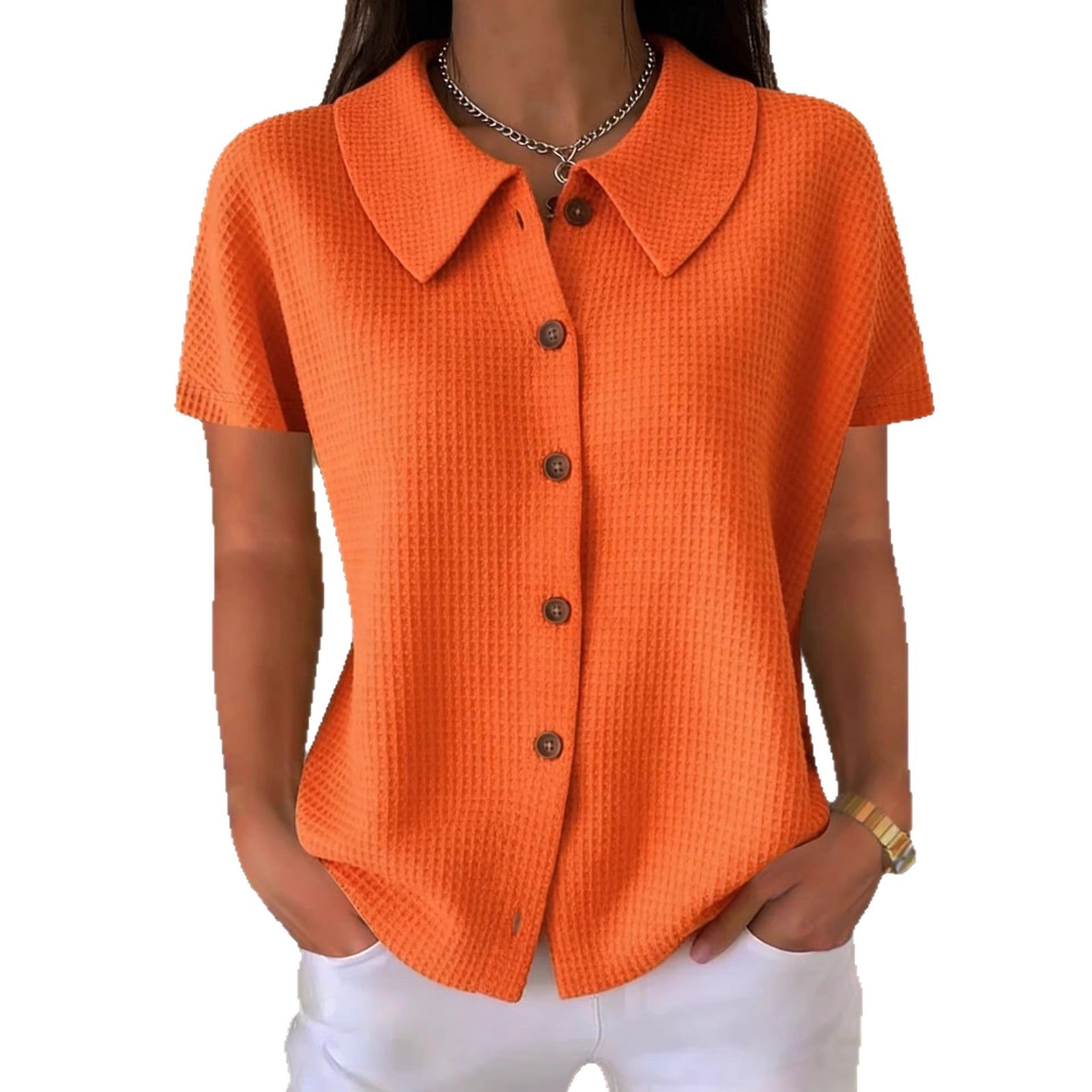 Women's Short-Sleeve Blouse with Collar – Waffle Texture, Loose & Summery