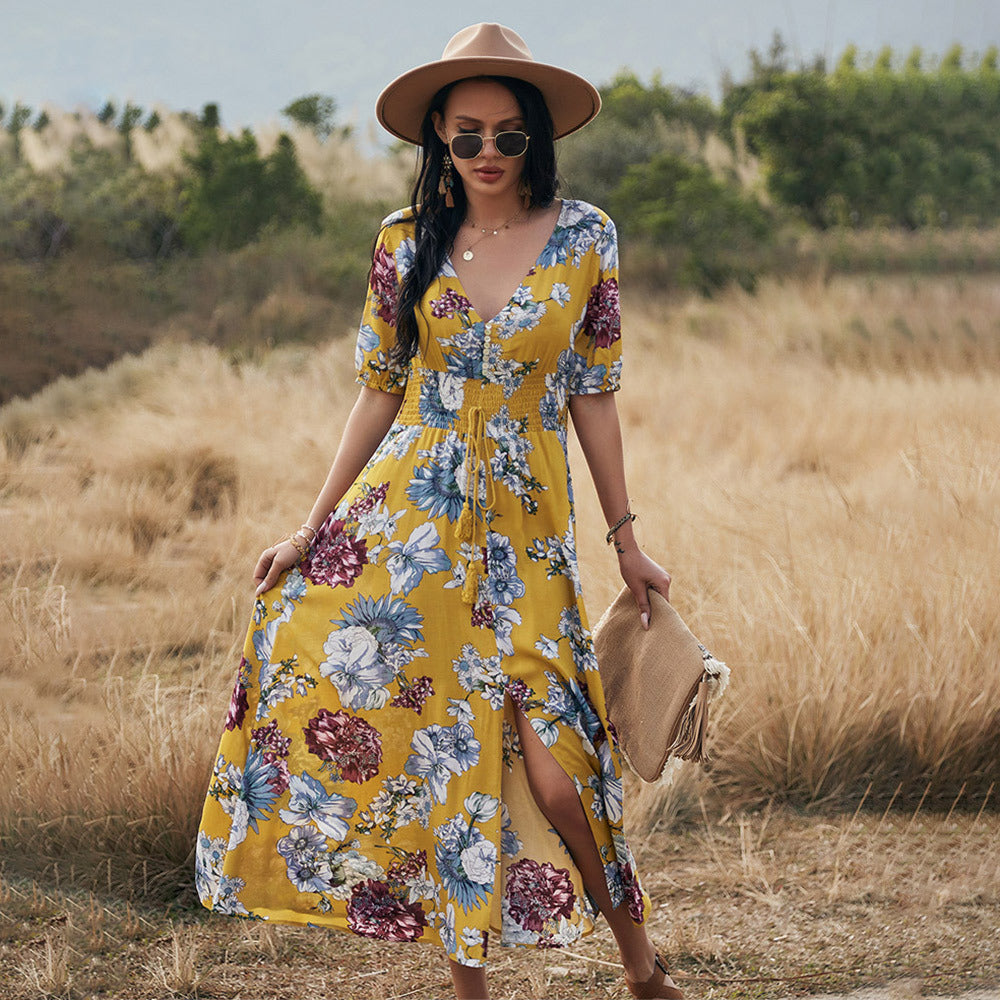 Floral V-Neck Summer Dress – Lightweight Beach Dress with Elastic Waist