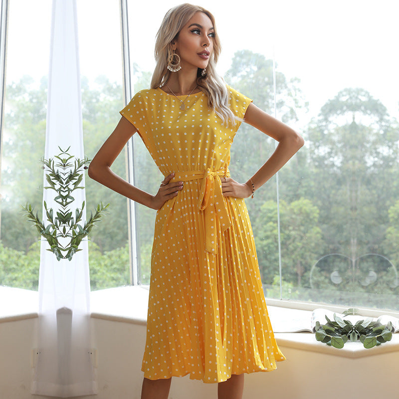 Elegant Polka Dot Midi Dress – Short Sleeve Dress with Belt for Office & Party