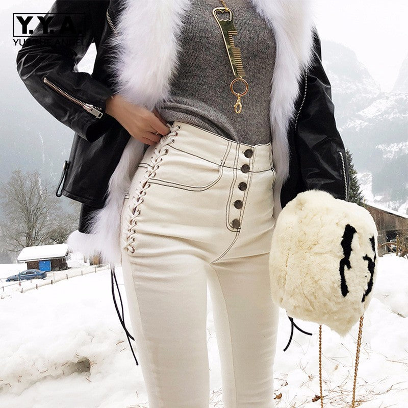 Damen Weiße Jeans | Vielseitige Casual Hose mit Kordelzug