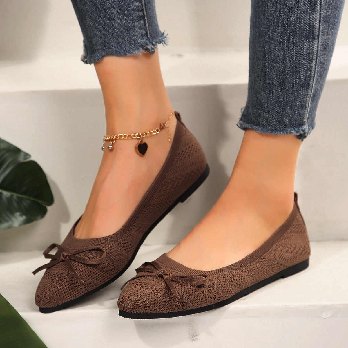 Women's knitted loafer elegant | pointed flats with bow