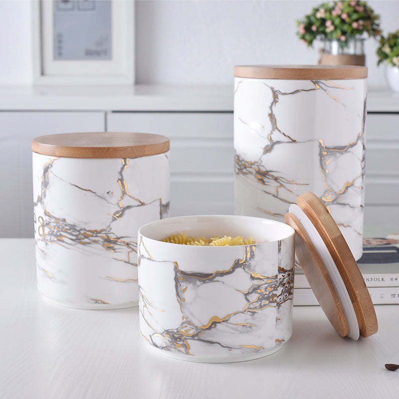 Marble Ceramic Storage Jar with Wooden Lid – Airtight Premium