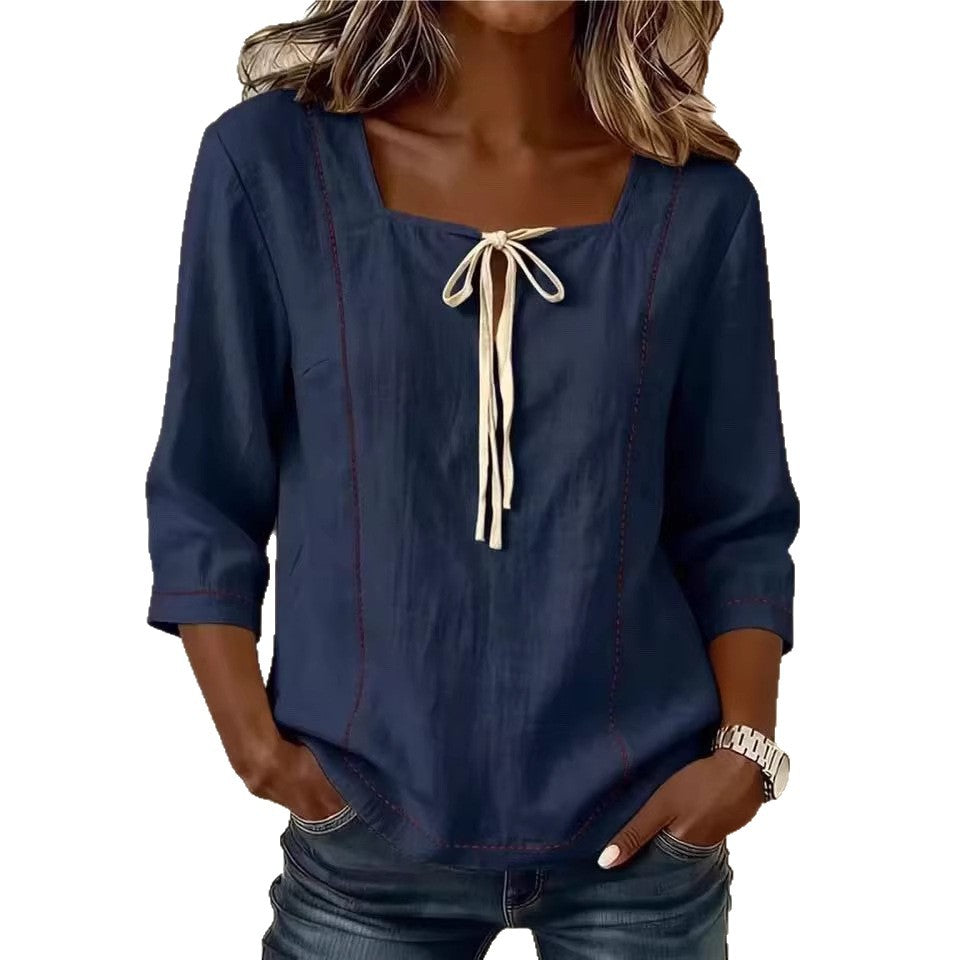 Women's Blouse with Print, Lacing & Square Neckline – Mid-Sleeve