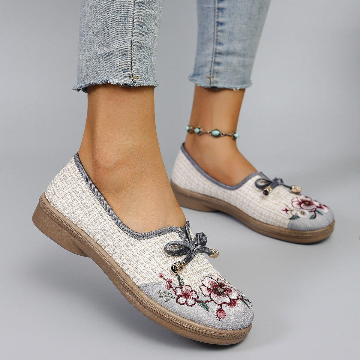 Damen Leinen Flats Ethno Style | Bequeme Sommer Freizeitschuhe