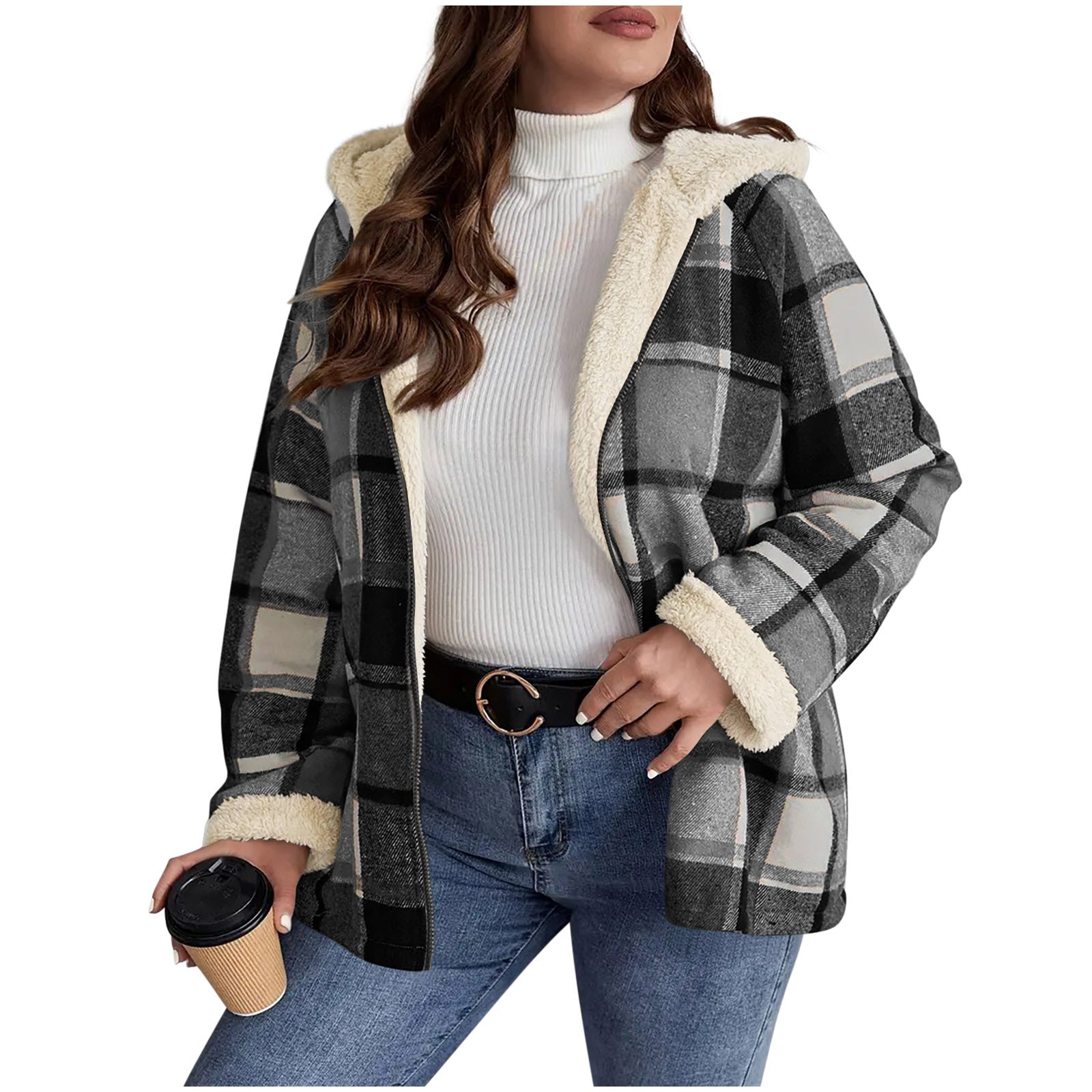 Checkered women's coat with hood | Warm winter jacket