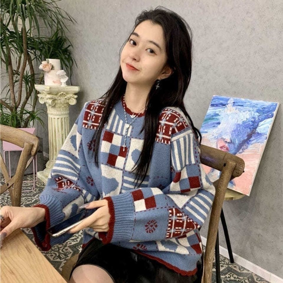 Women's Knitted Jumper Heart Pattern – Japanese Retro Color Block Look