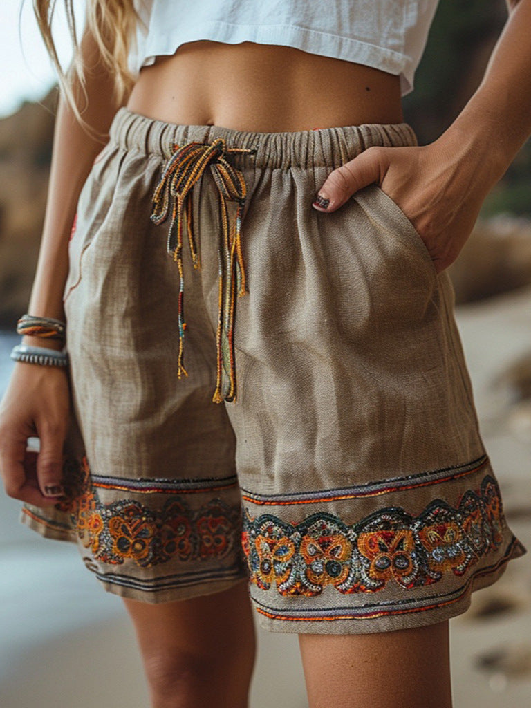 Women's Ethnic Shorts Drawstring Loose Summer Comfortable Casual Style