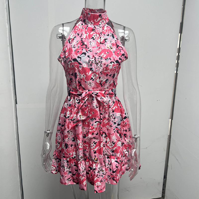 Floral Halterneck Summer Dress – Elegant Ruffled Dress with Lacing