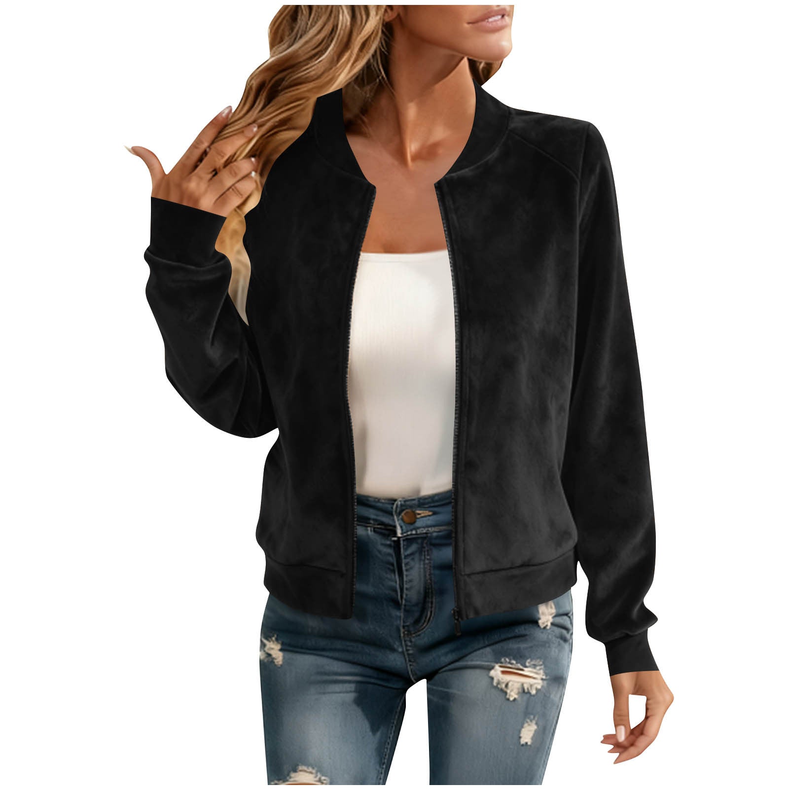 Women's Suede Look Short Jacket - Fleece Lined, Zip & Round Neck