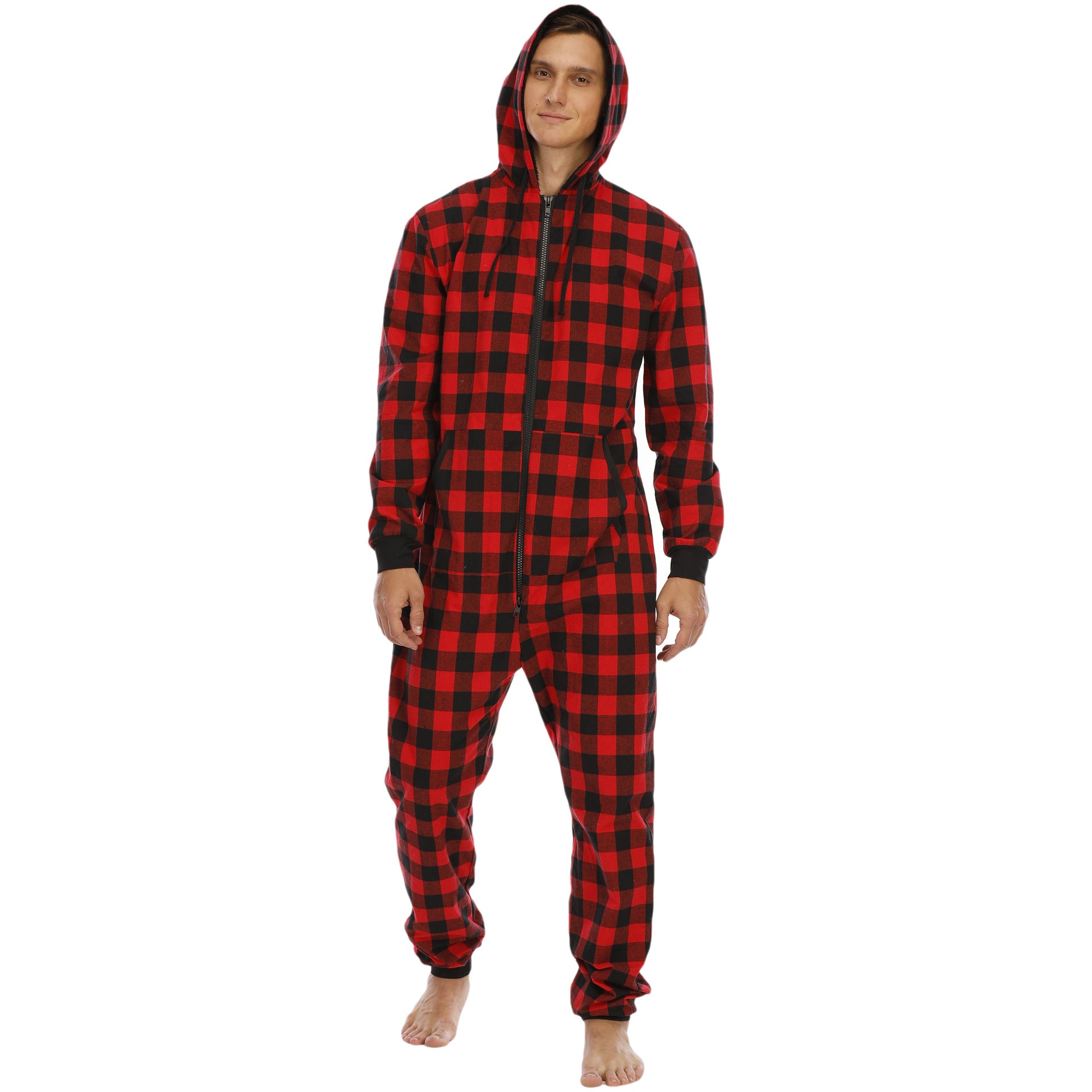 Herren Flanell Overall Pyjama | Kariert Kapuze Warm