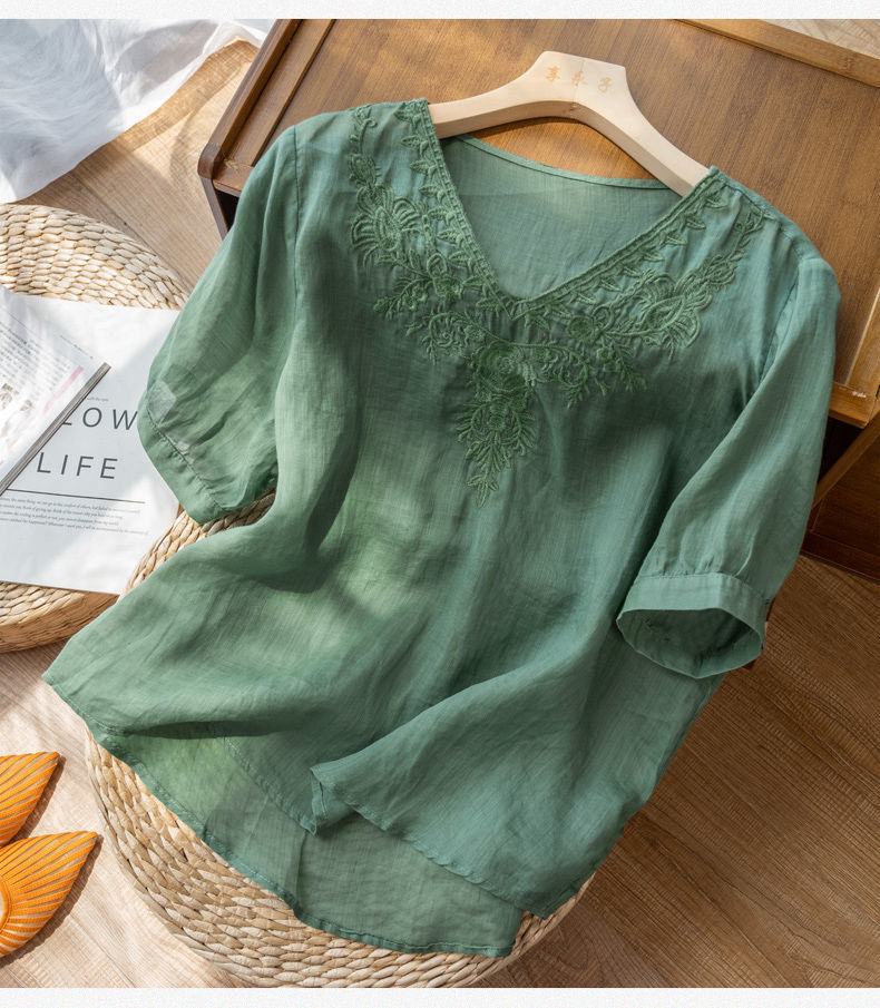 Damen V-Ausschnitt Bluse | Elegante Stickerei Tunika Slim Fit