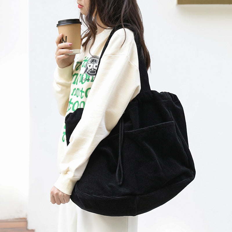 Women's Corduroy Shoulder Bag with Drawstring & Compartments
