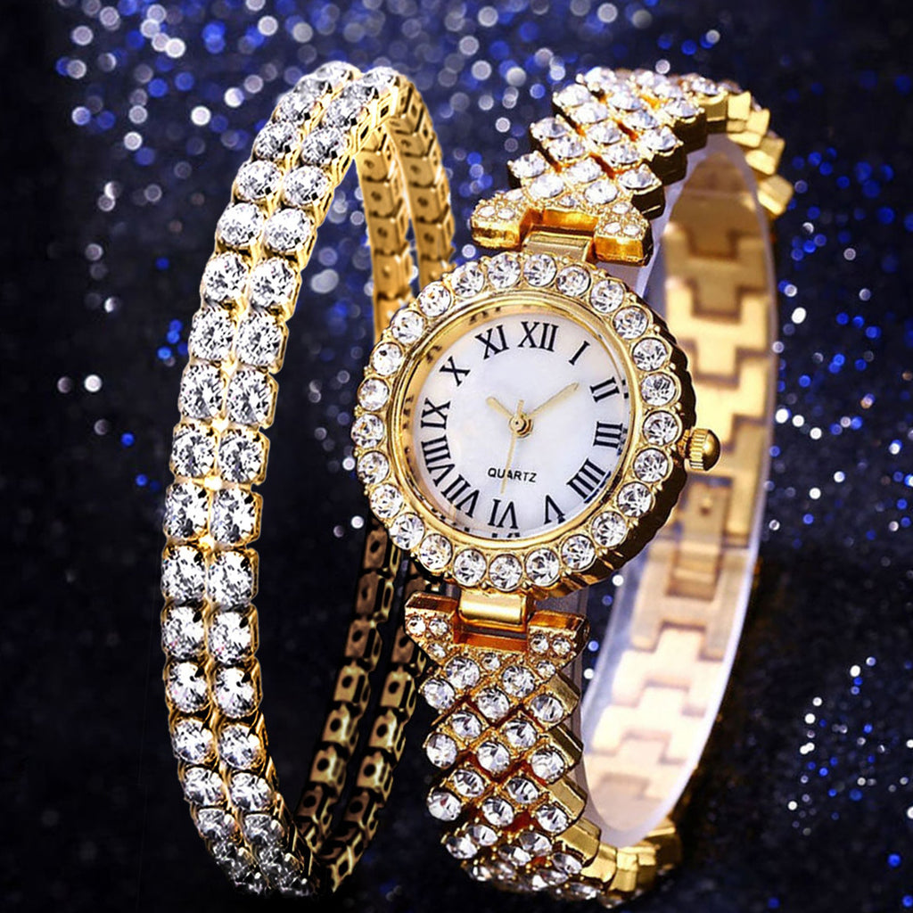 Fashion Luxury Diamond Quartz Watch Double-layer Diamond Bracelet 2PCS