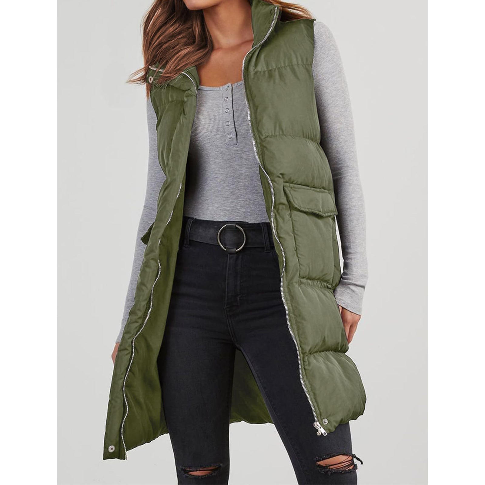 Damen Kapuzenweste Mid-Length – Polyester, Warm & Casual Stil