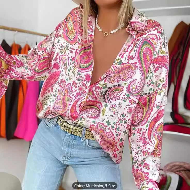 Damen Retro Print Bluse | Casual Langarmshirt Frühling