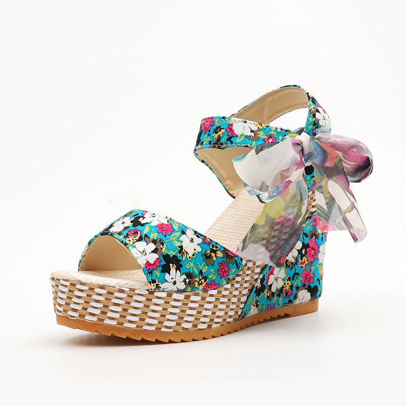 Damen Keilsandaletten Blumen Schleife | Boho Plateau Sandalen