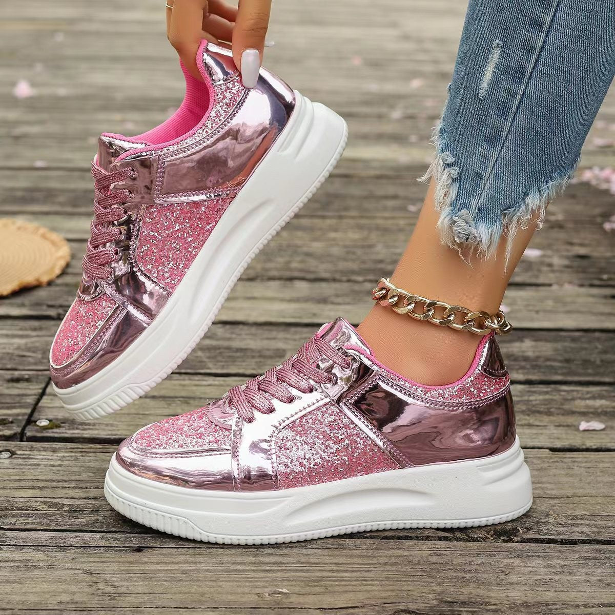 Damen Plateau Sneaker mit Pailletten – Rutschfeste Fashion Schuhe