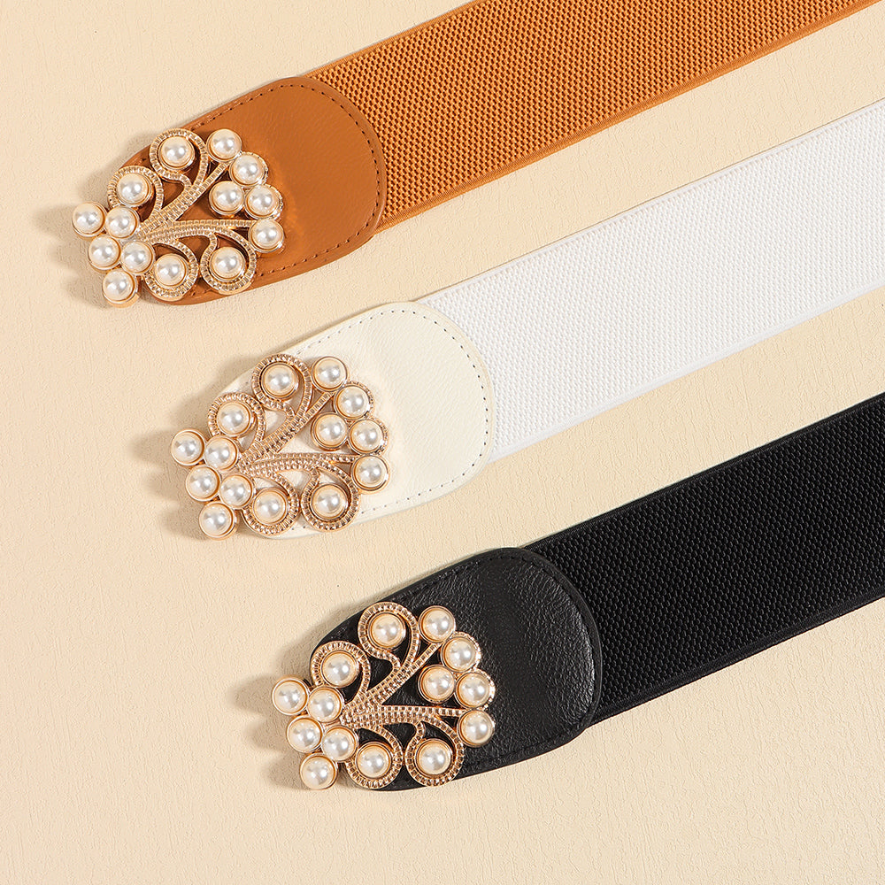 Women's Stretch Belt Wide | Elastic Pearl Buckle Elegant