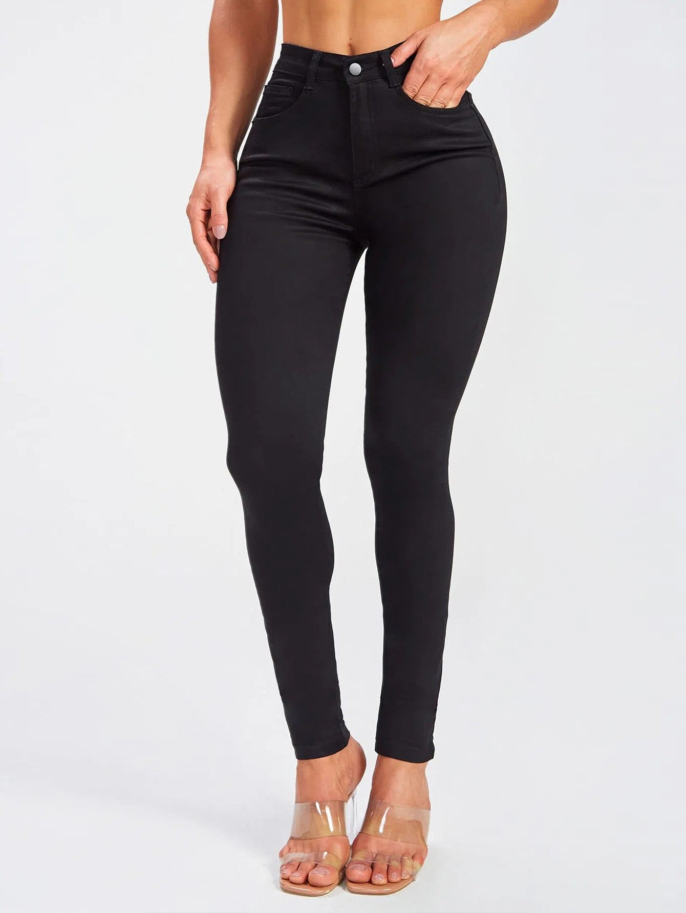 Women's Mid Waist Skinny Jeans Black – Slim Fit Stretch Pants