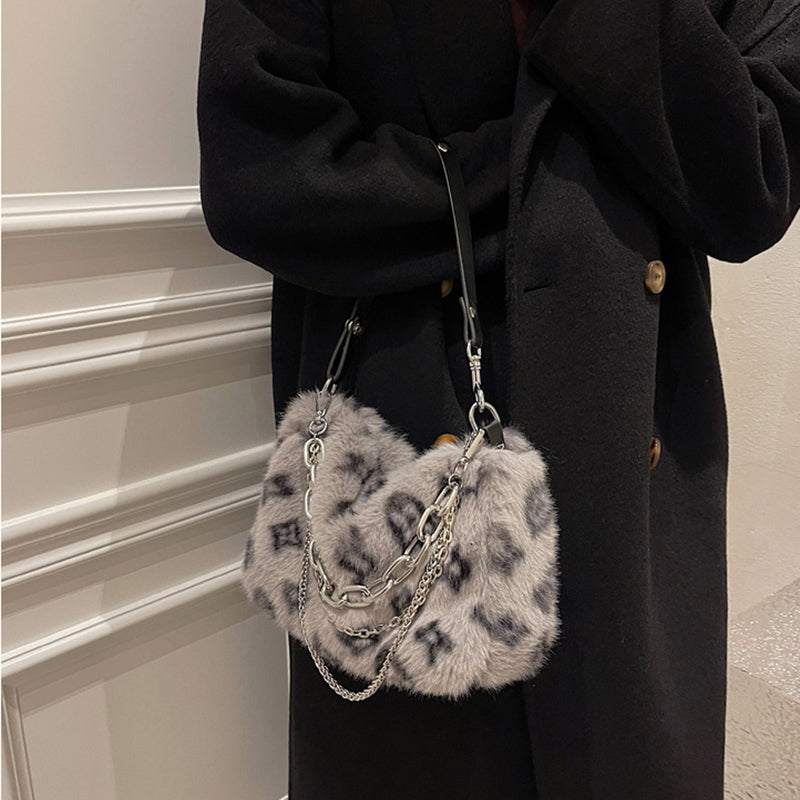Plush Shoulder Bag Women Winter Floral Handbag Elegant