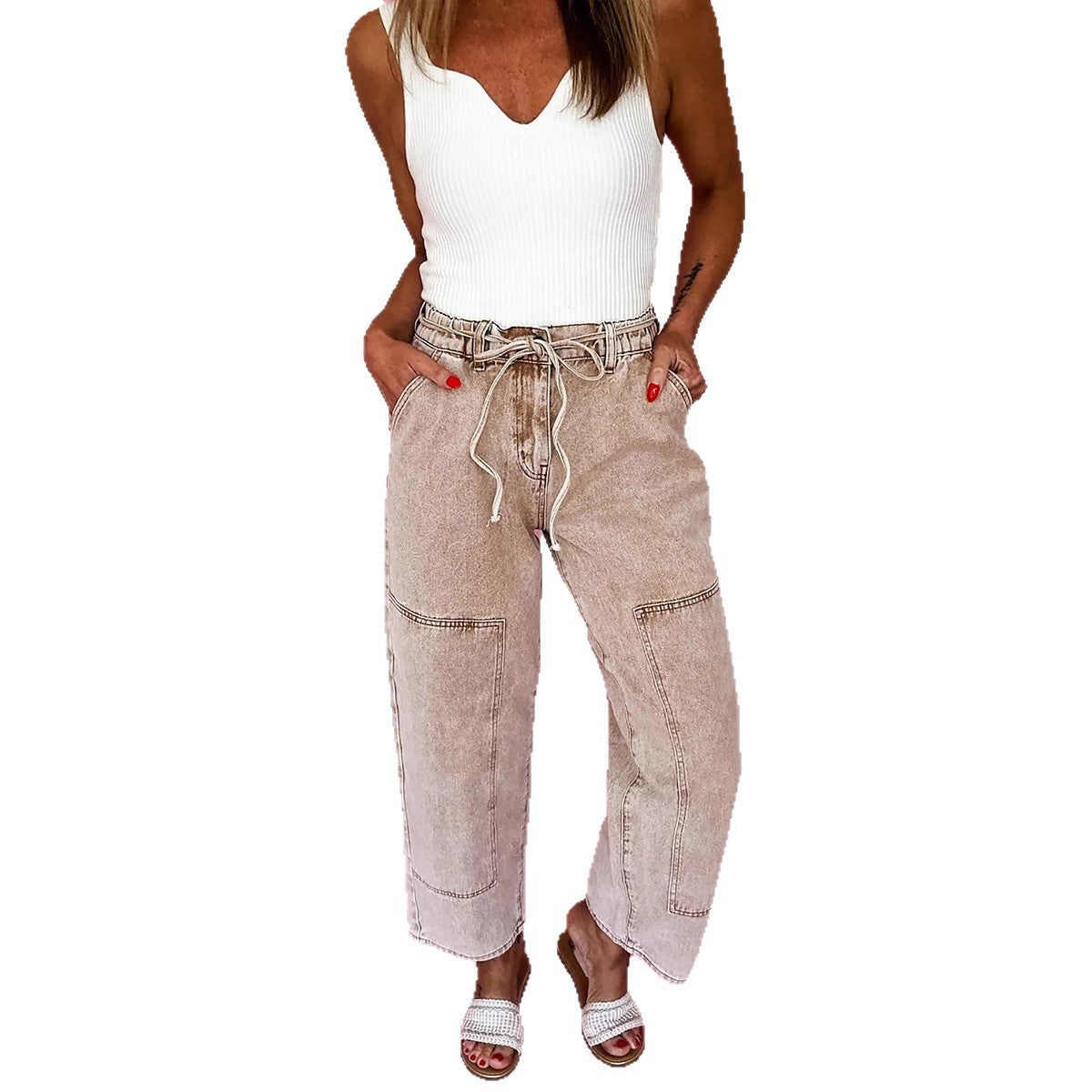 Women's Straight Leg Trousers with Pockets – Washable & Drawstring