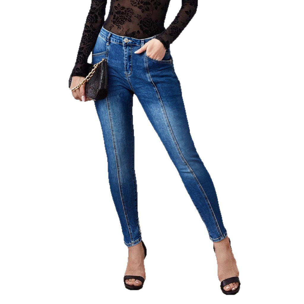 Women's Slim Fit Patchwork Jeans – Designer Denim with Decorative Stitching