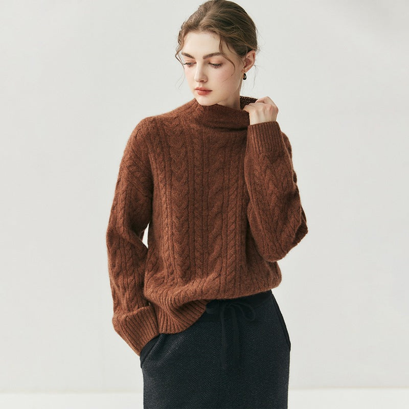 Elegant Cashmere Cable Knit Sweater – Women's Mock Neck Pullover