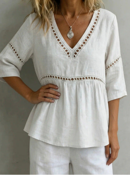 Women's V-Neck Top with Cut-Out – Fringes, Loose & Trendy