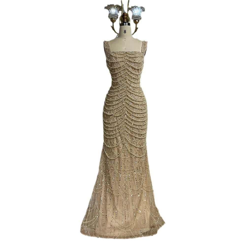 Beaded Evening Dress for Women Elegant | Nude Luxury Glamour Dress