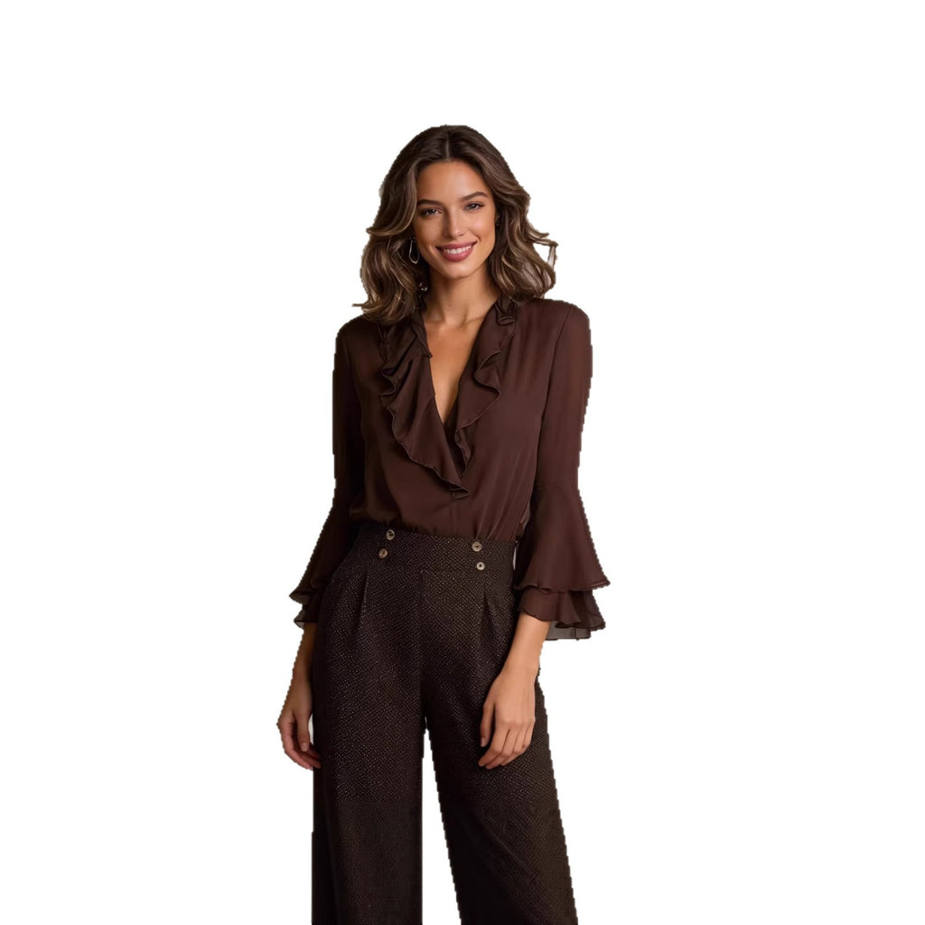 Elegant Women's Blouse with V-Neck and Ruffles – Summery & Feminine
