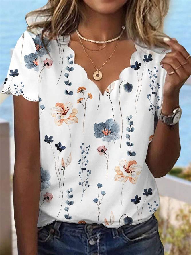 Damen Blumenprint T-Shirt Sommer | Eleganter Muschelkragen