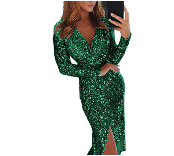Elegant Bodycon Dress with Shimmer Effect – Long-Sleeve Form-Fitting Women's Dress