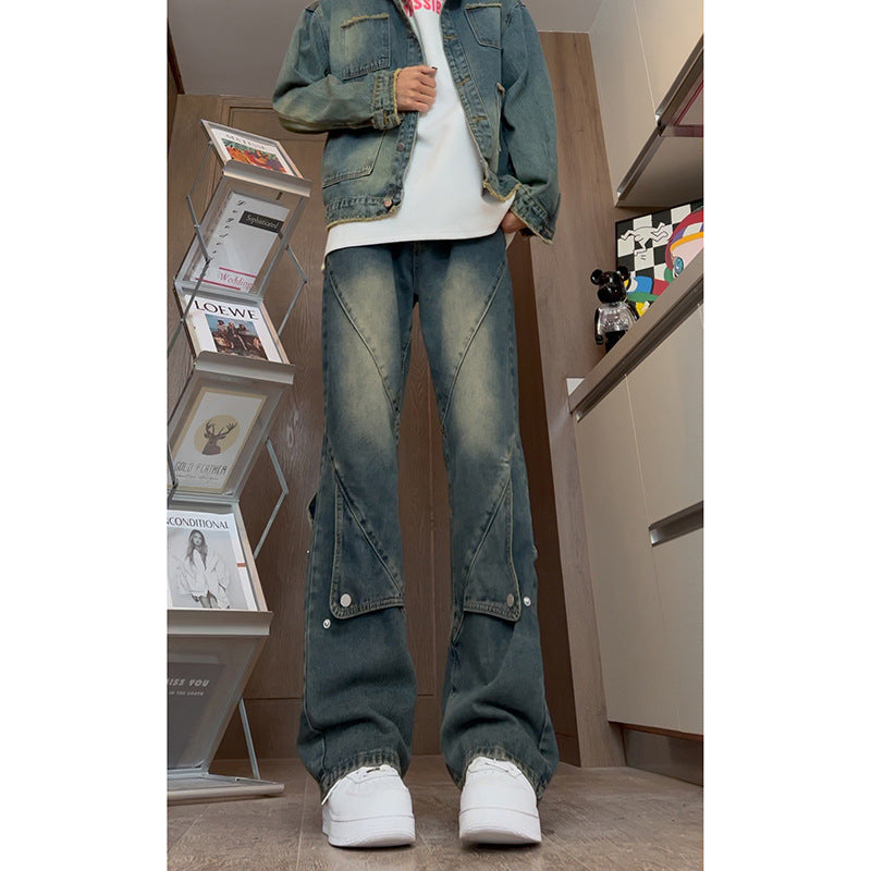 Men's Workwear Patchwork Jeans - Wide Leg Flared Denim Pants