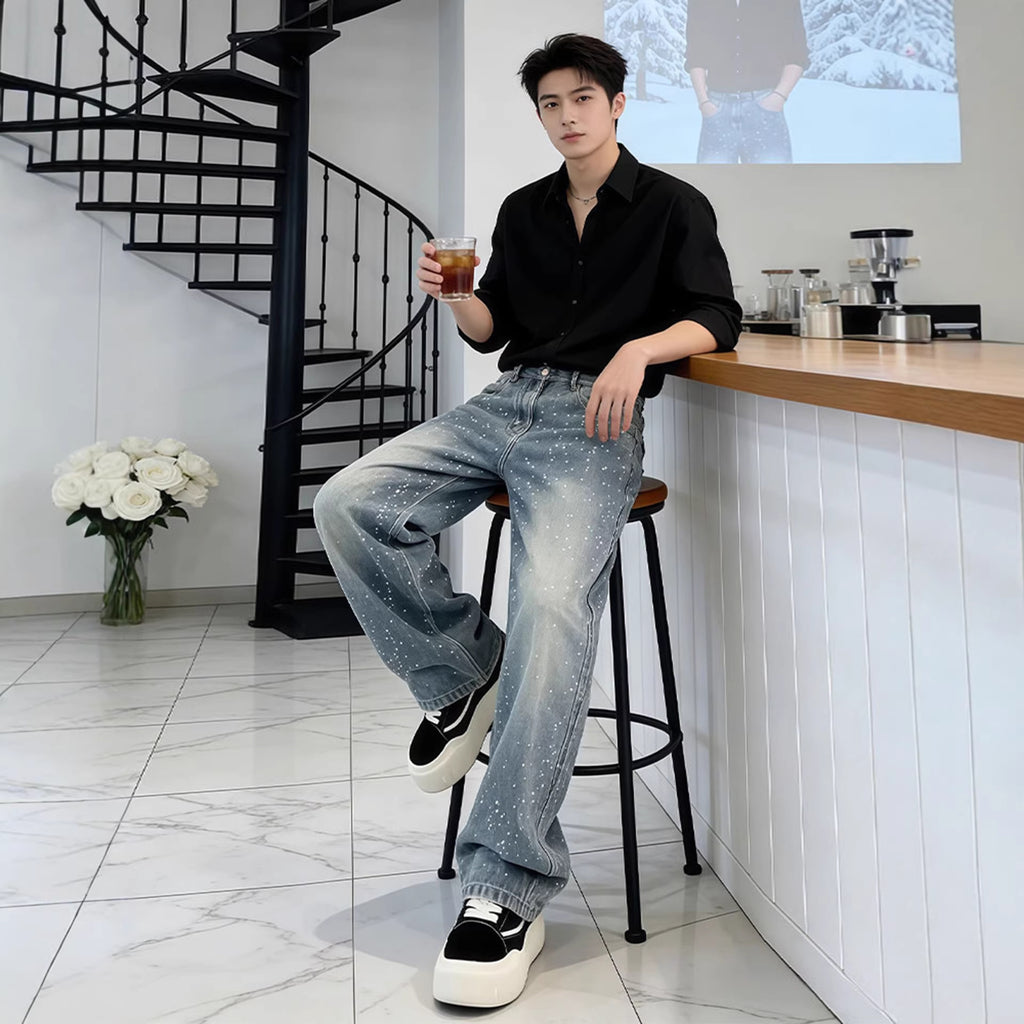 Men's Stone Wash Jeans Straight Leg – Wide Leg Trend Denim Trousers