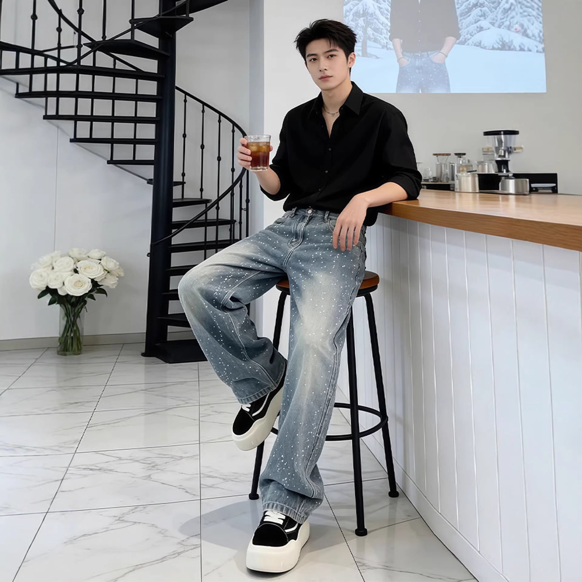 Men's Stone Wash Jeans Straight Leg – Wide Leg Trend Denim Trousers