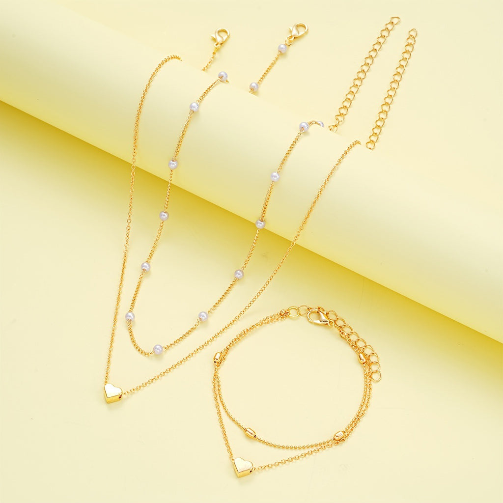 Romantic Pearl Jewelry Set with Heart Design – Double-Layer Necklace & Bracelet
