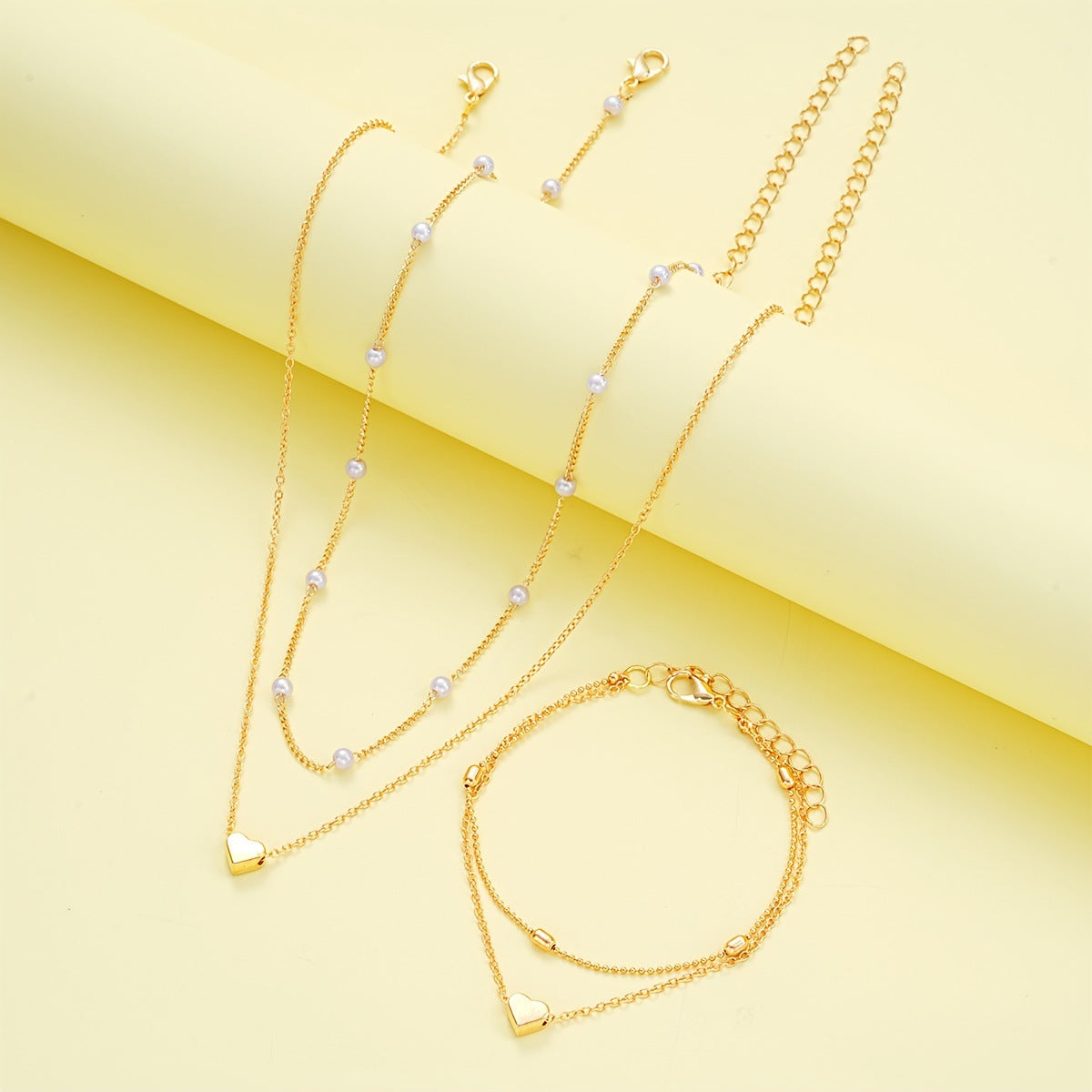 Romantic Pearl Jewelry Set with Heart Design – Double-Layer Necklace & Bracelet