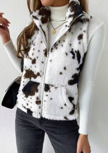 Damen Plüsch Cardigan mit Print – Beidseitig Tragbar, Reißverschluss & Warm
