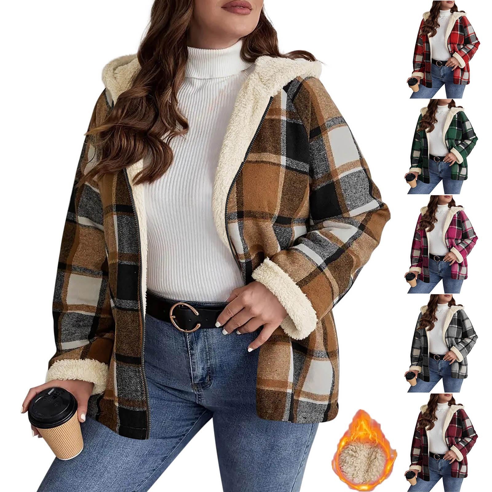 Checkered women's coat with hood | Warm winter jacket