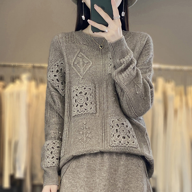 Elegant Wool Sweater with Crochet Pattern - Women's Round Neck Knitted Pullover