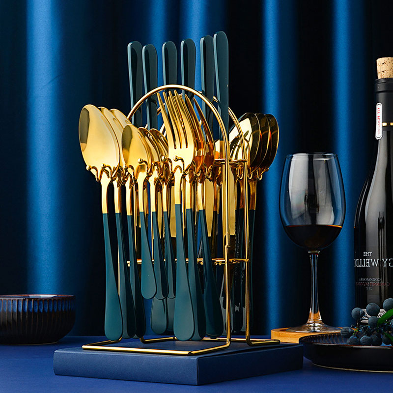 Gold Besteckset Edelstahl | Luxus Tafelbesteck mit Ständer