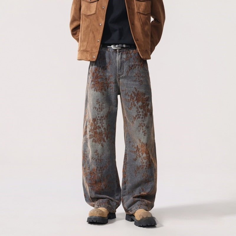 Herren Vintage Fleece Jeans Bestickt – American Style Denim Hose