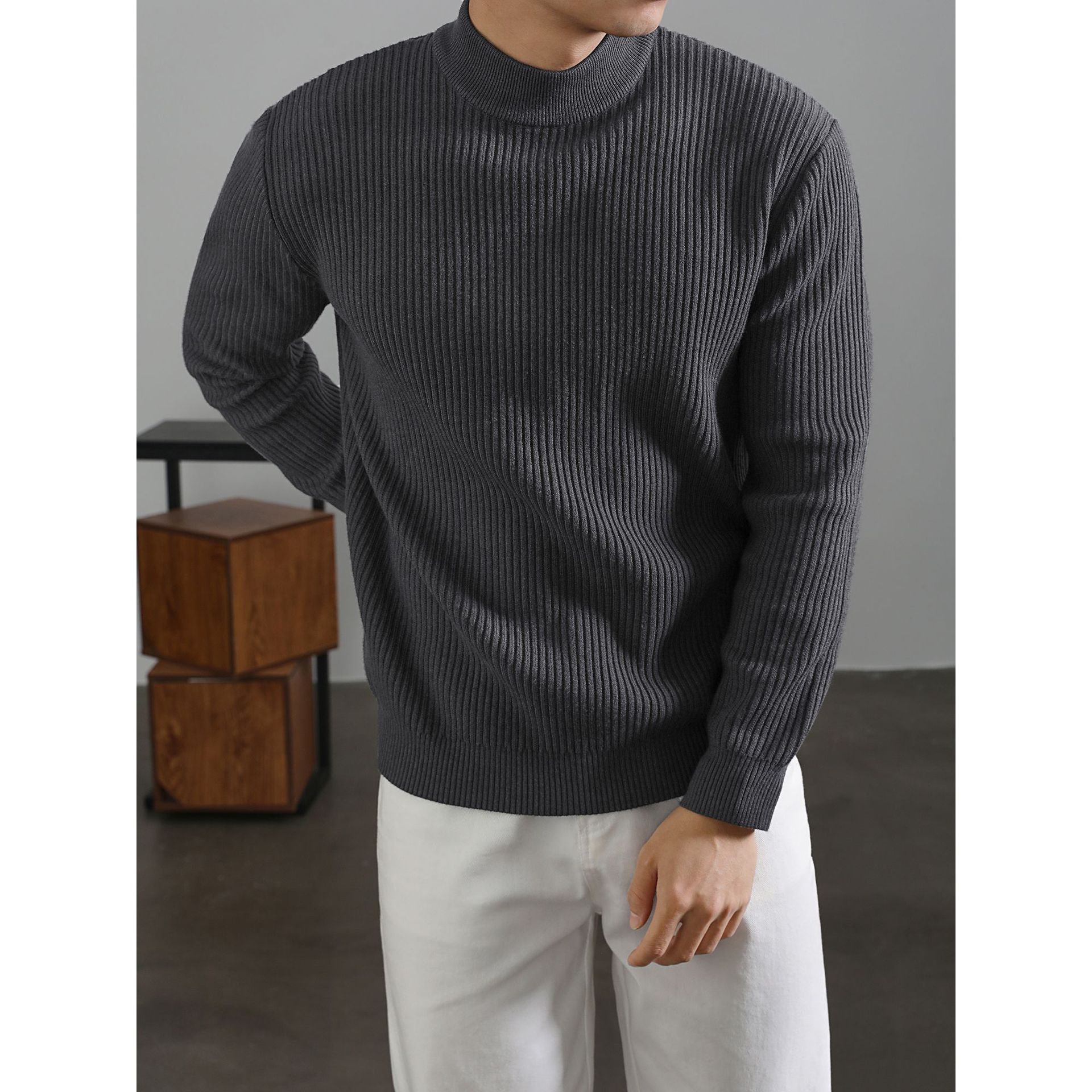Men's Korean Style Pullover – Mock Neck Rib Knit