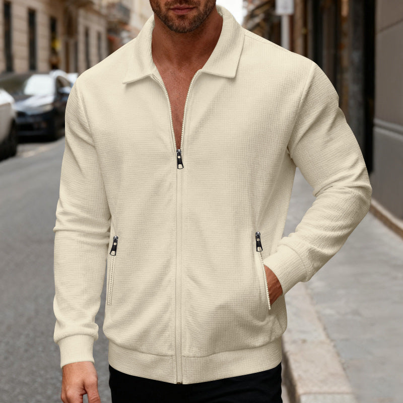 Men's Waffle Knit Zip-Up Jacket – Stylish Collar Jacket