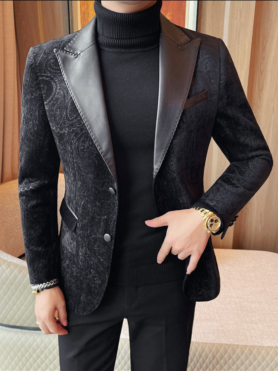 Men's Jacquard Velvet Blazer with Leather Lapels – Luxury Elegant Jacket