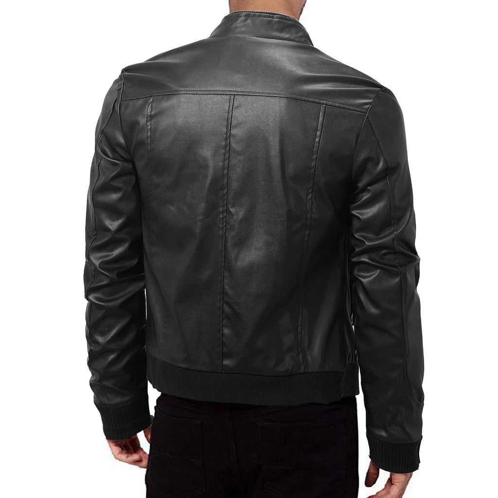 Men's Winter Leather Jacket Slim Fit - Warm Zip Jacket with Stand-Up Collar